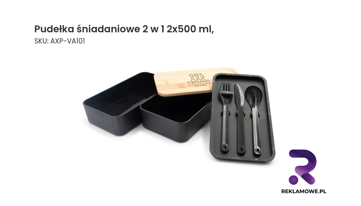 Pudełka śniadaniowe 2 w 1, 2x500 ml, bambusowe wieczko, sztućce | Tijani Pudełka śniadaniowe 2 w 1 o pojemności 2x500 ml